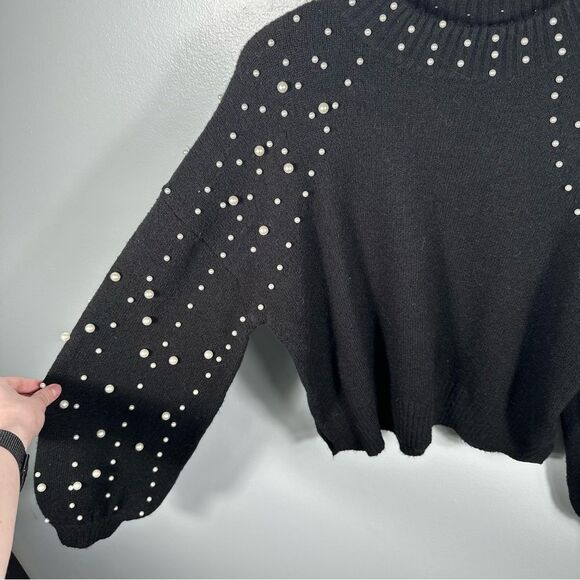 Sincerely Jules Pearl Studded Balloon Sleeve Black Pullover Sweater Size Medium - Picture 3 of 13